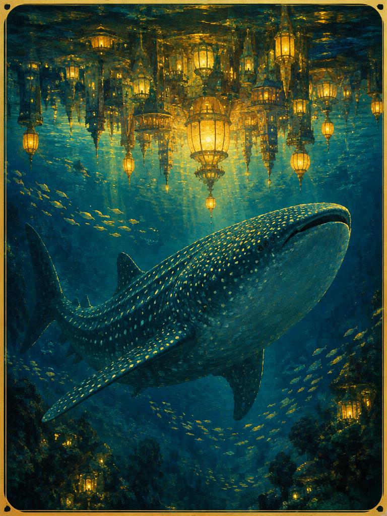 A whale shark under a city of lanterns