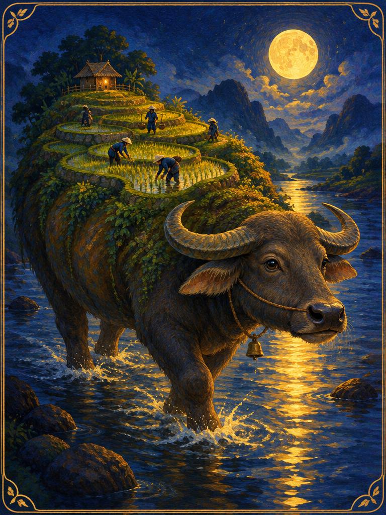 A carabao with rice terraces on its back