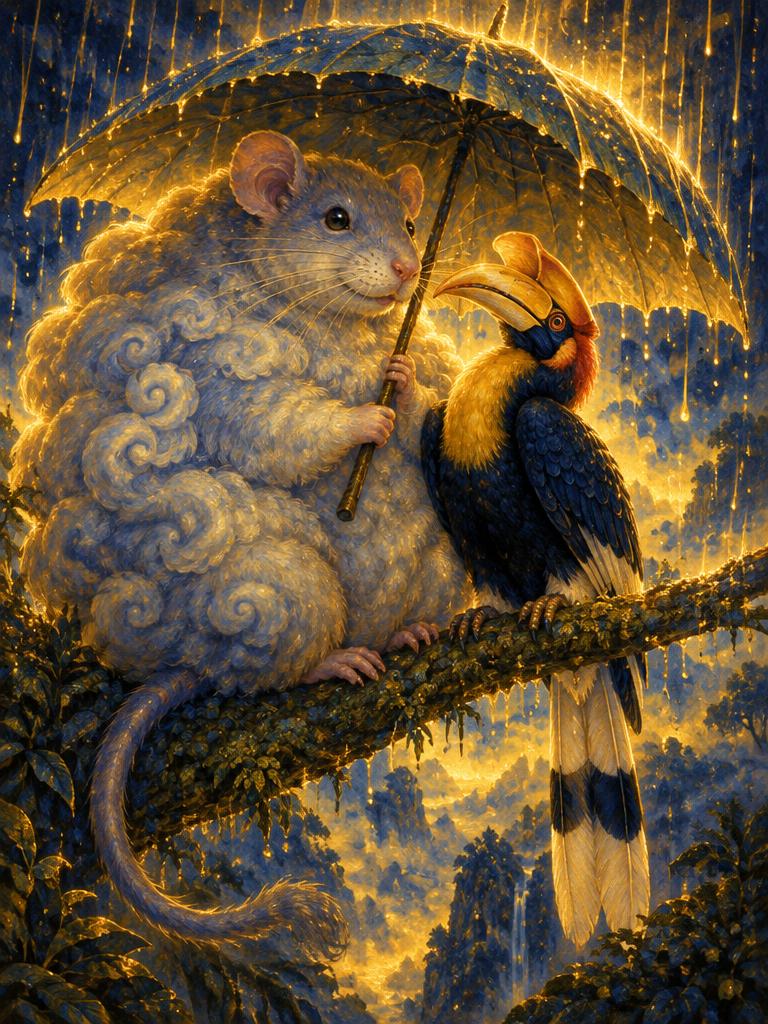 A cloud rat and hornbill under one umbrella