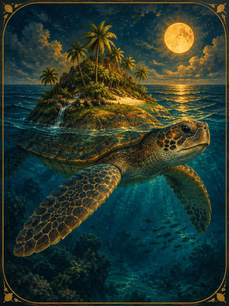 A sea turtle carrying an island