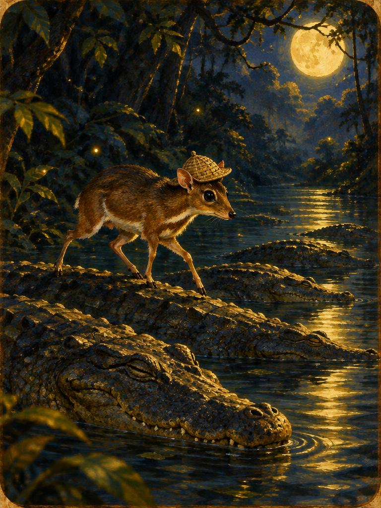A mousedeer crossing on sleeping crocodiles