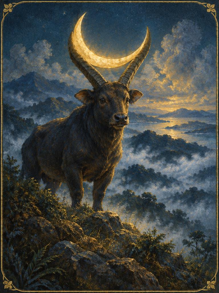 A tamaraw holding the crescent moon