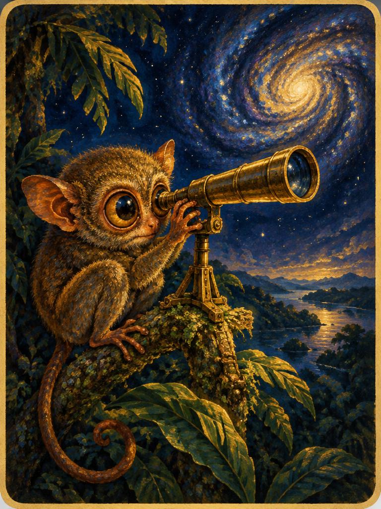 A tarsier peering through a brass telescope
