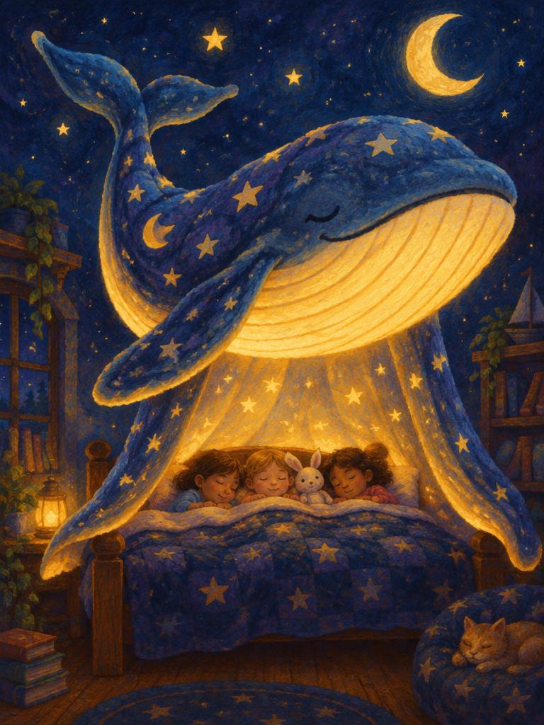 A blanket whale over a bed