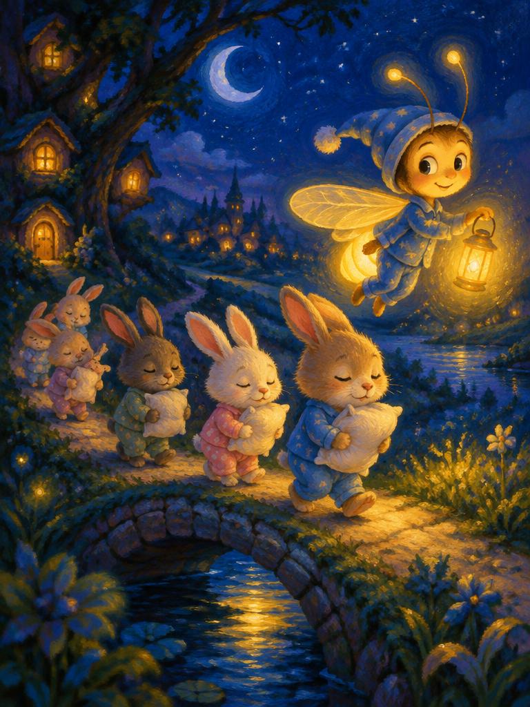 A firefly leading sleepy bunnies