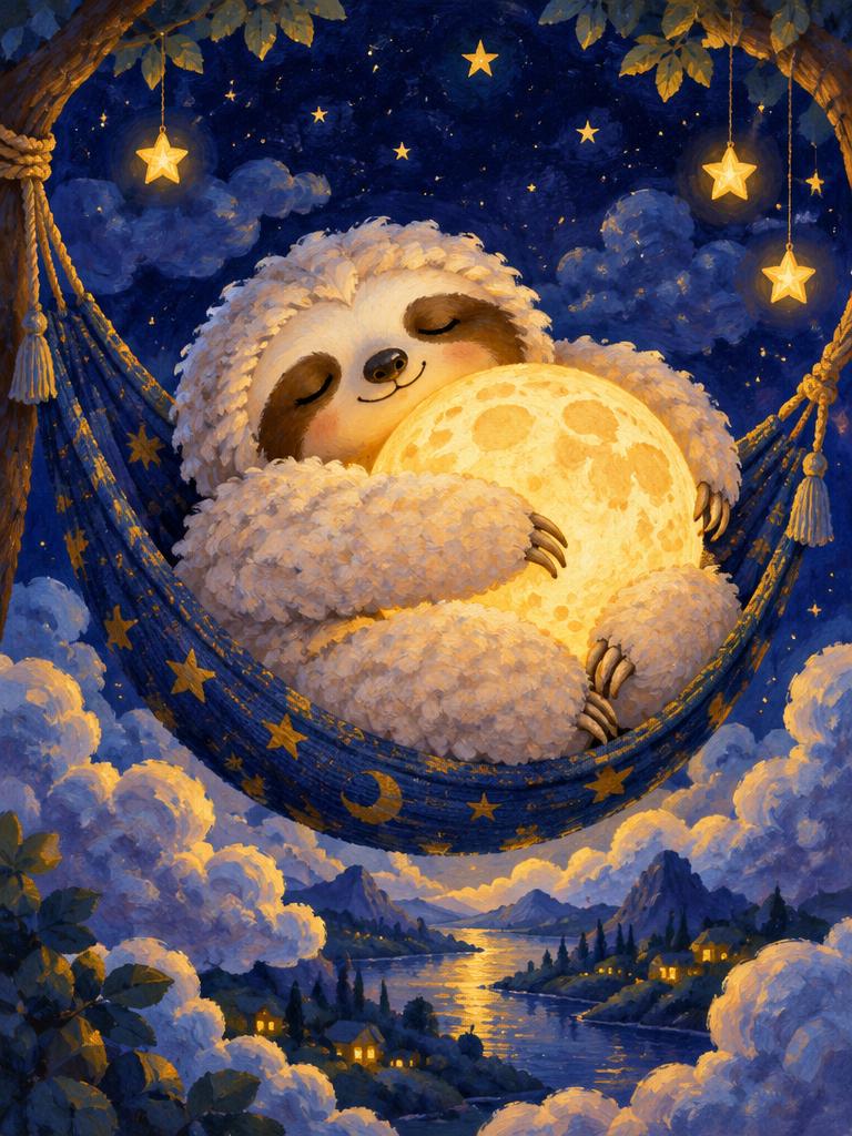 A pillow sloth hugging the moon