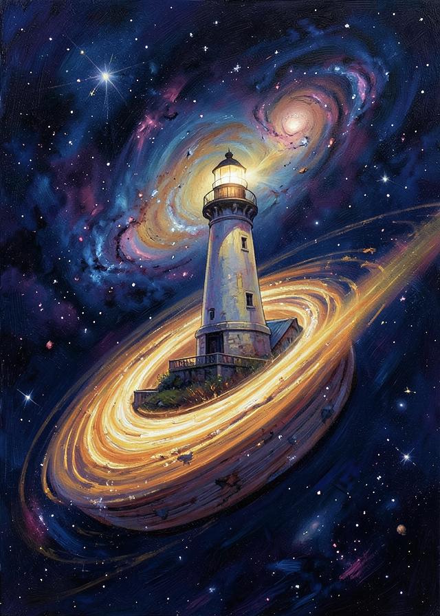 A lighthouse riding a comet through a nebula
