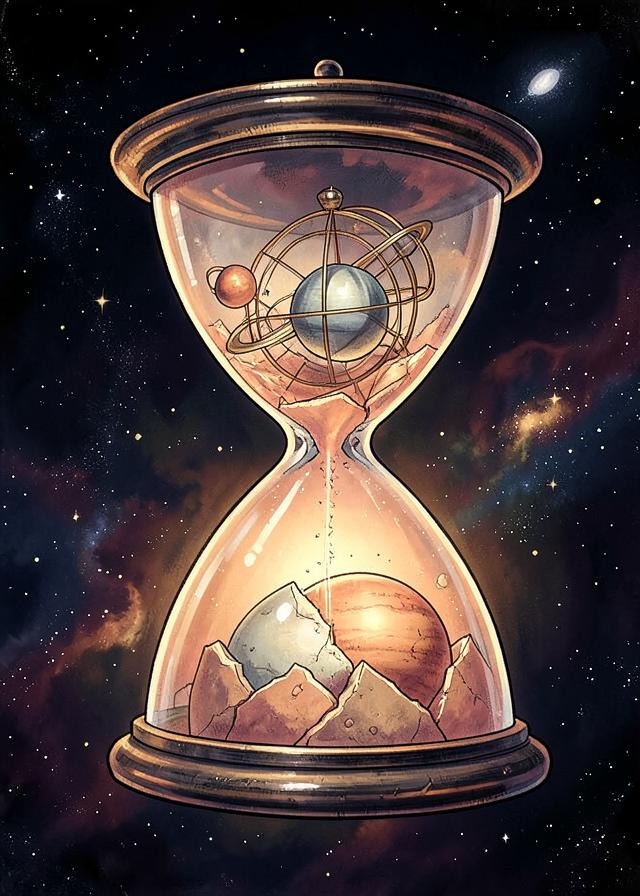 Planets orbiting inside a cracked hourglass in space