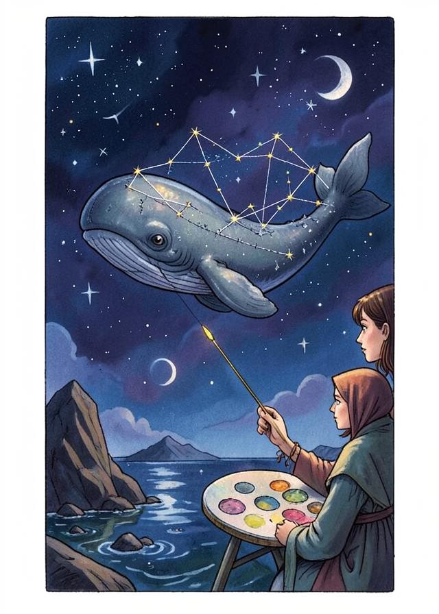 A painter drawing a whale constellation in the night sky