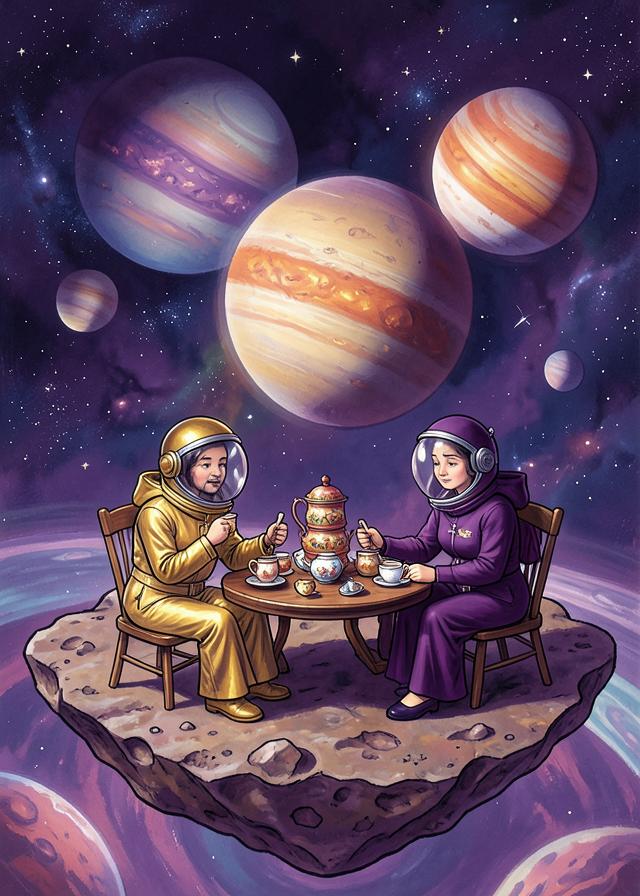 Two figures having tea on an asteroid
