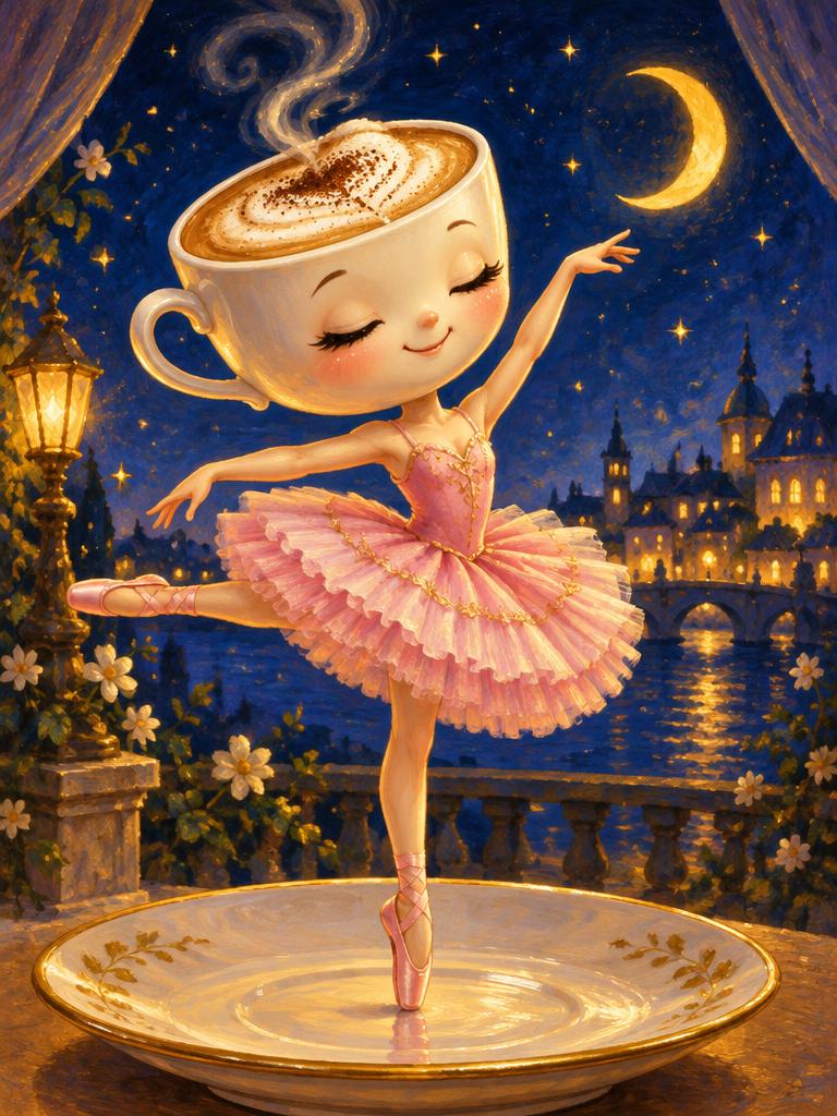 A coffee-cup ballerina twirling on her toes