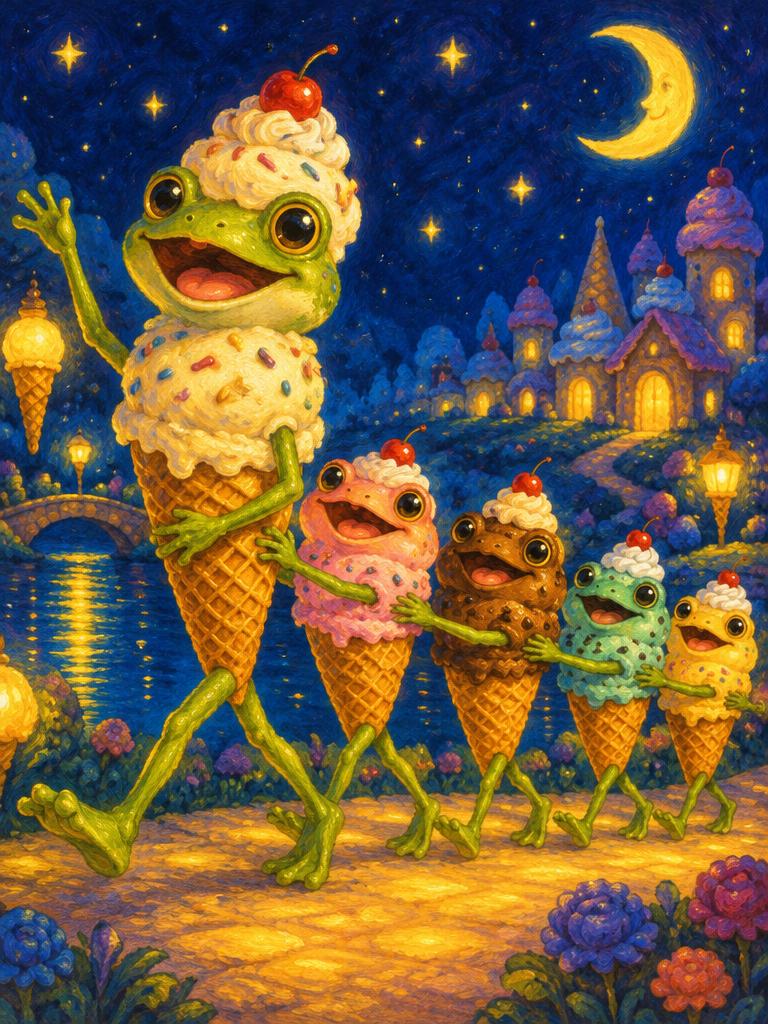 Frogs in an ice-cream conga line