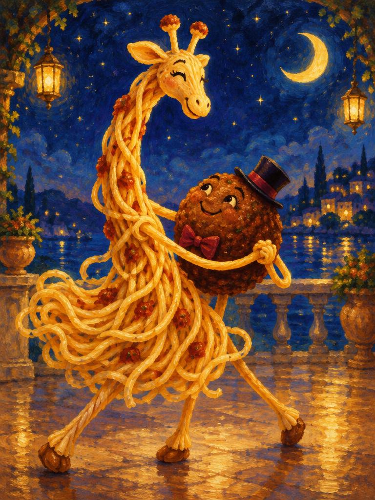 A spaghetti giraffe waltzing with a meatball