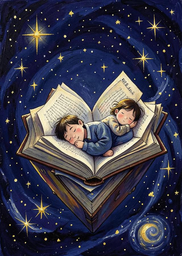 Children asleep on a floating open book