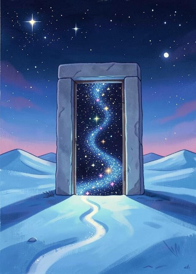 A lone doorway in snow pouring out a river of stars