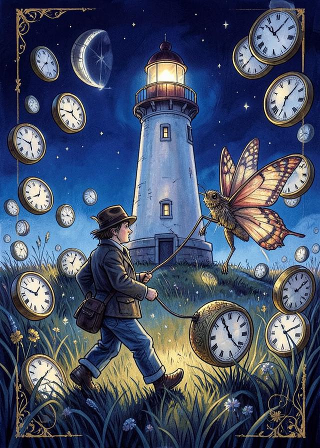A figure walking a giant moth among floating clocks