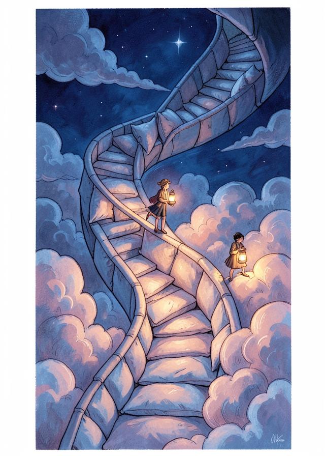 A spiral staircase of pillows through clouds