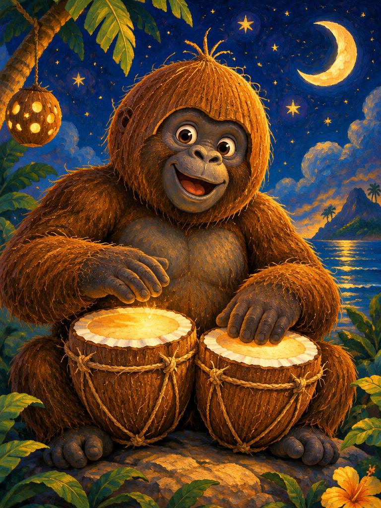 A coconut playing bongos