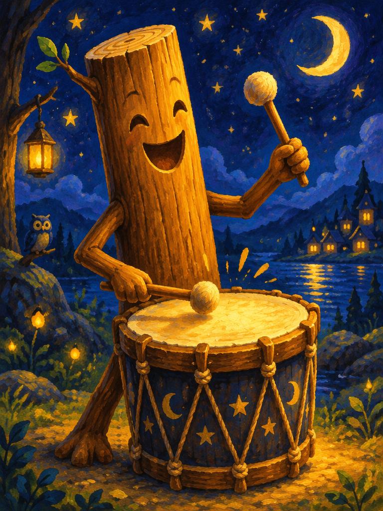 A wooden log drummer with a drumstick