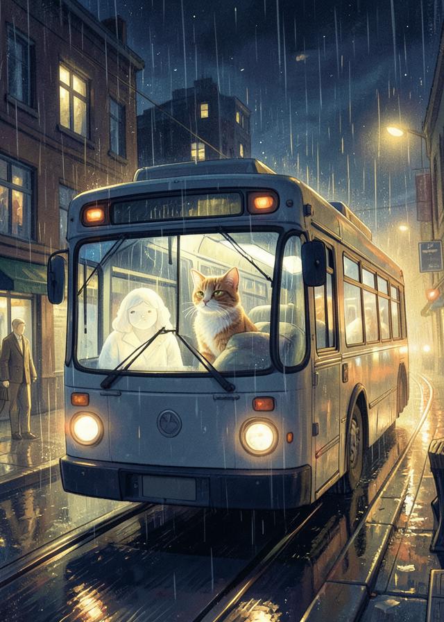 A cat driving a night bus in the rain