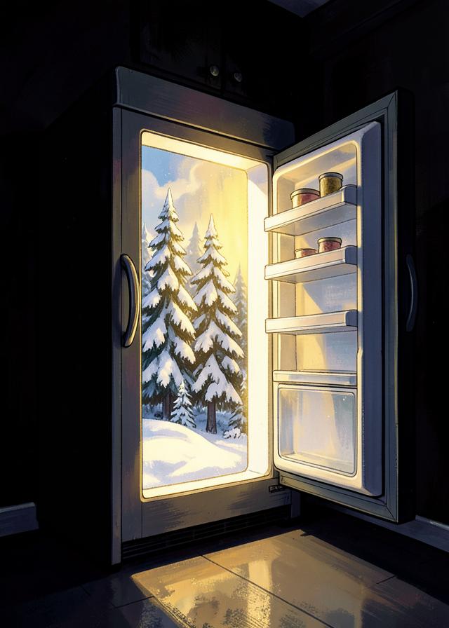 An open fridge revealing a snowy pine forest