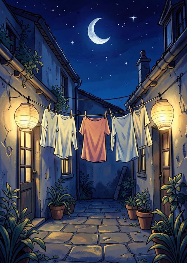 Glowing laundry on a line in a night courtyard