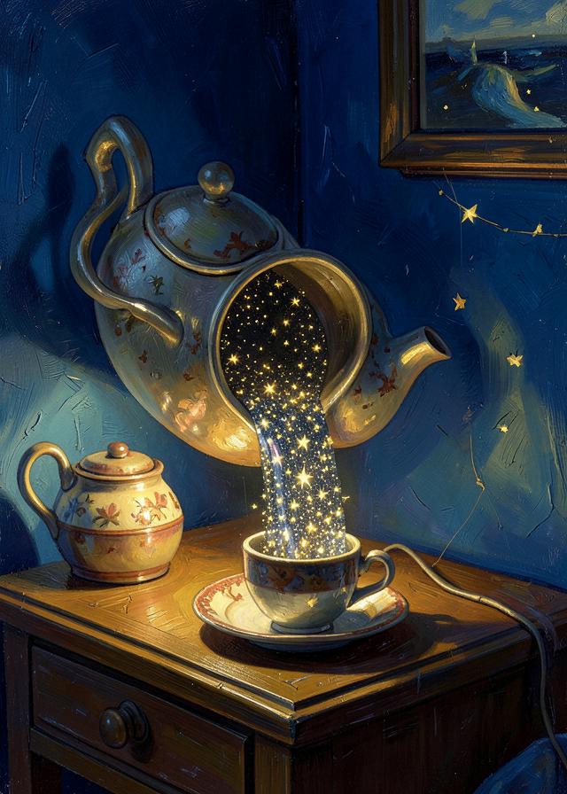 A teapot pouring stars into a cup
