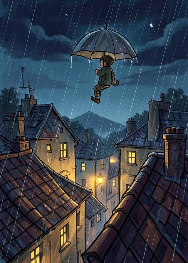 A person lifted over rooftops by an umbrella