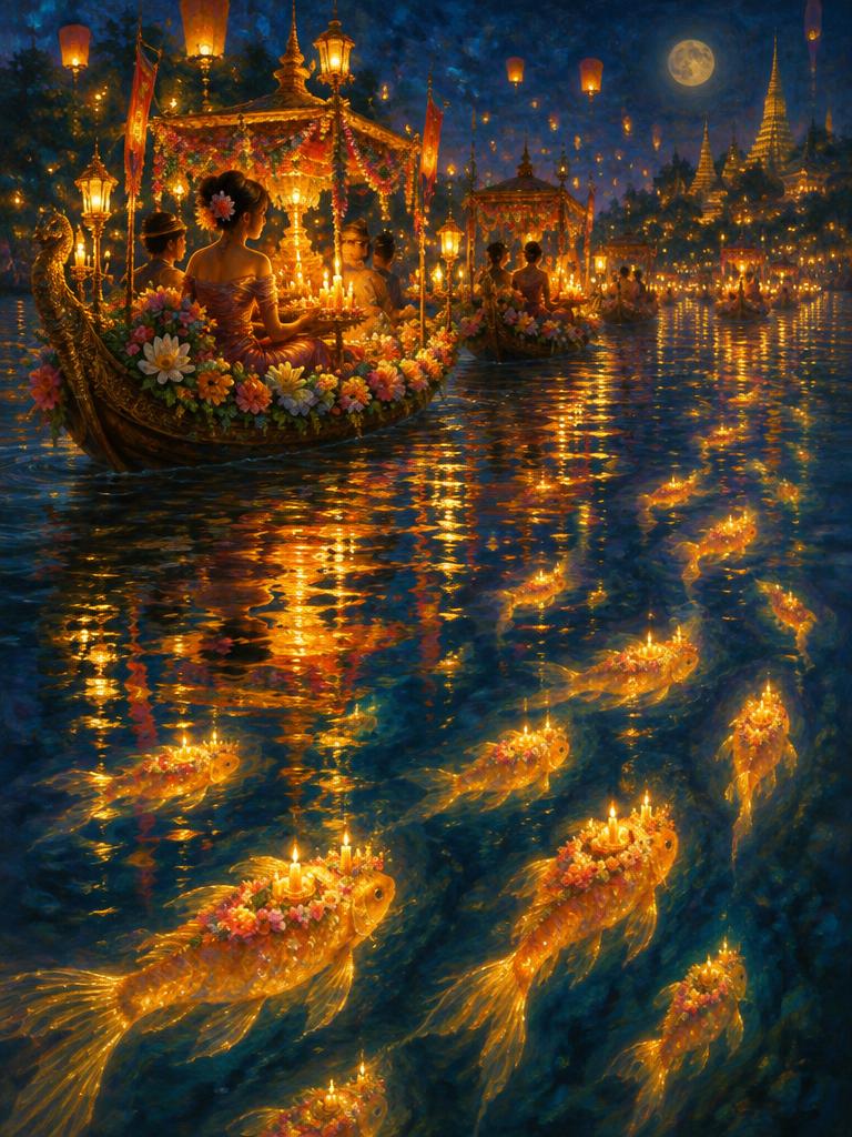 Boats and their glowing fish reflections