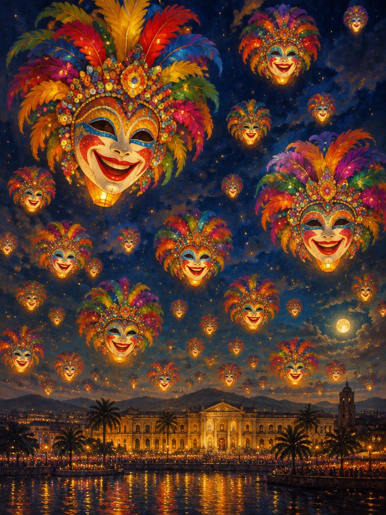 Festival masks floating like lanterns