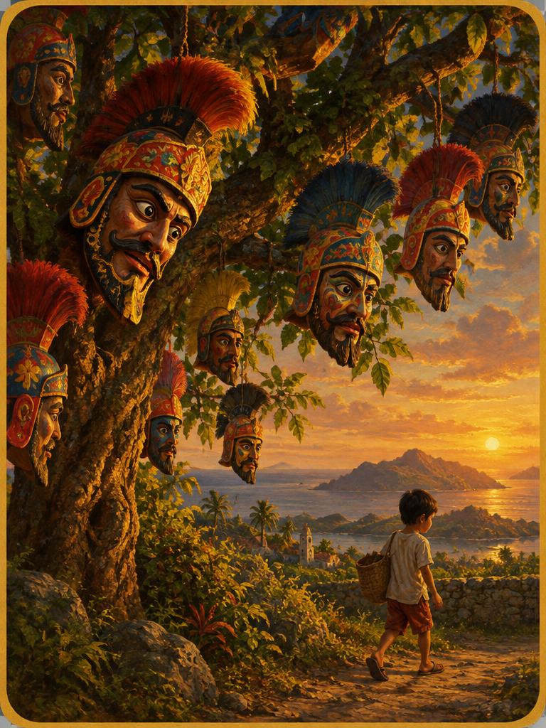 Carved masks hanging like fruit