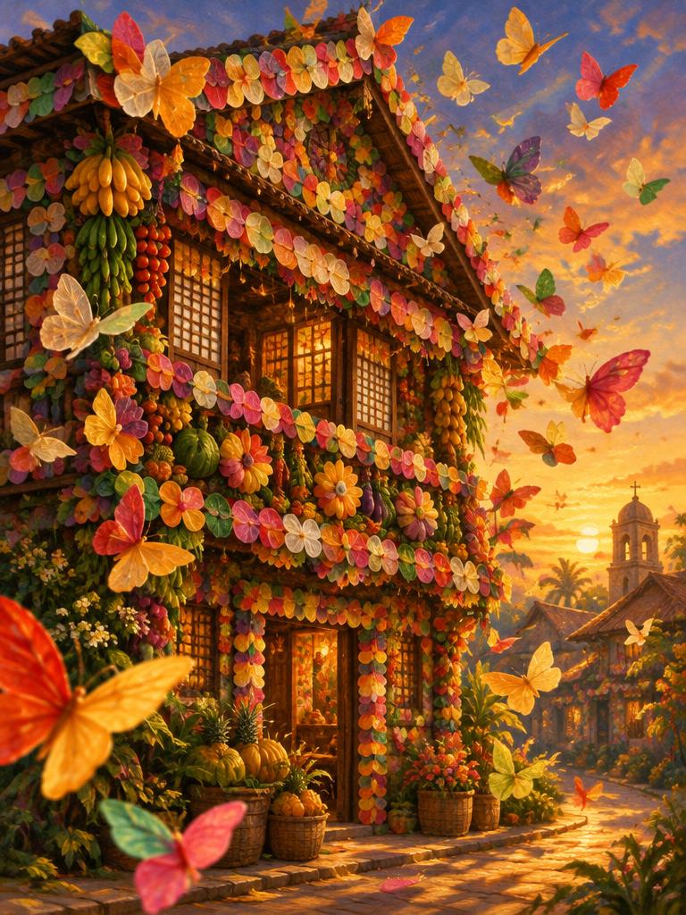 A decorated house releasing butterflies