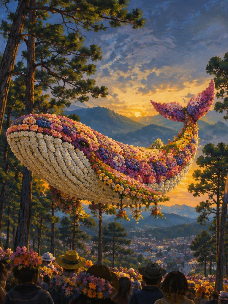A whale of flowers in pine trees