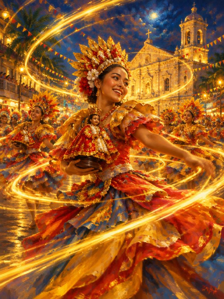 Dancers trailing ribbons of light