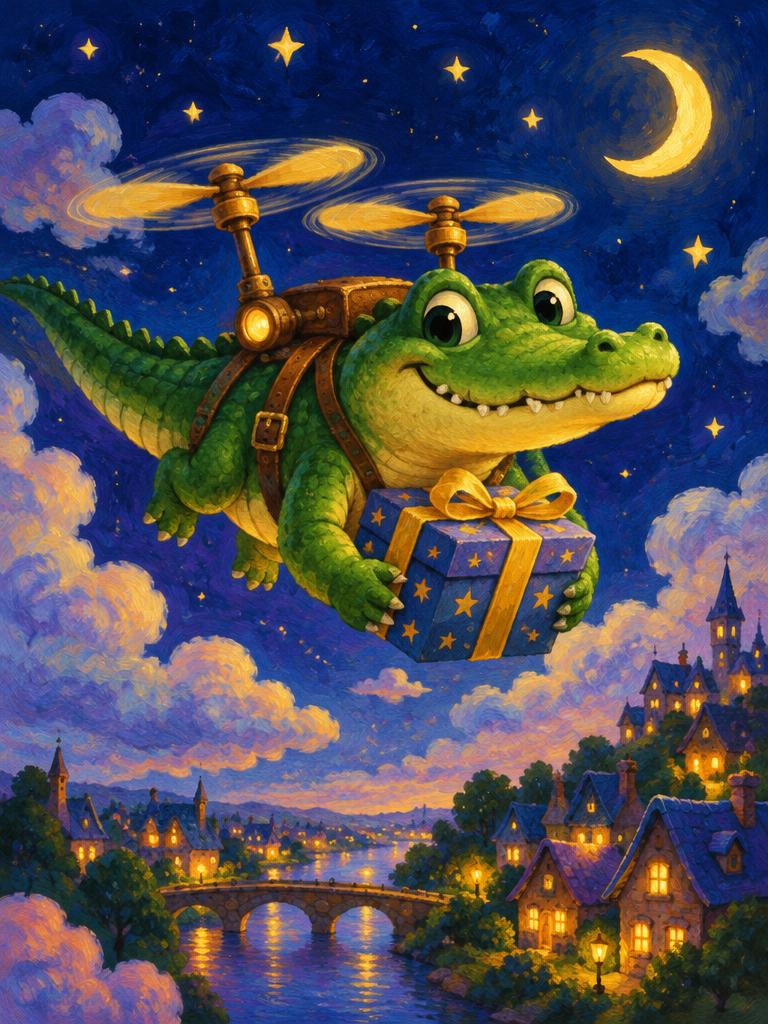 A friendly crocodile drone delivering a gift
