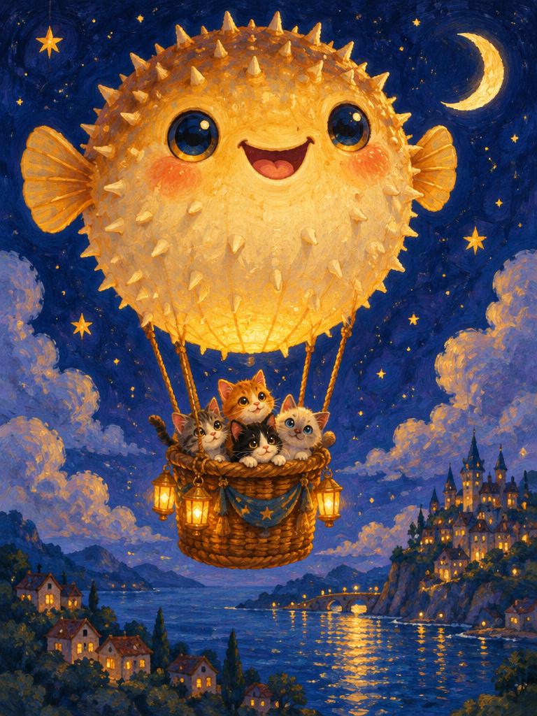 A pufferfish hot-air balloon