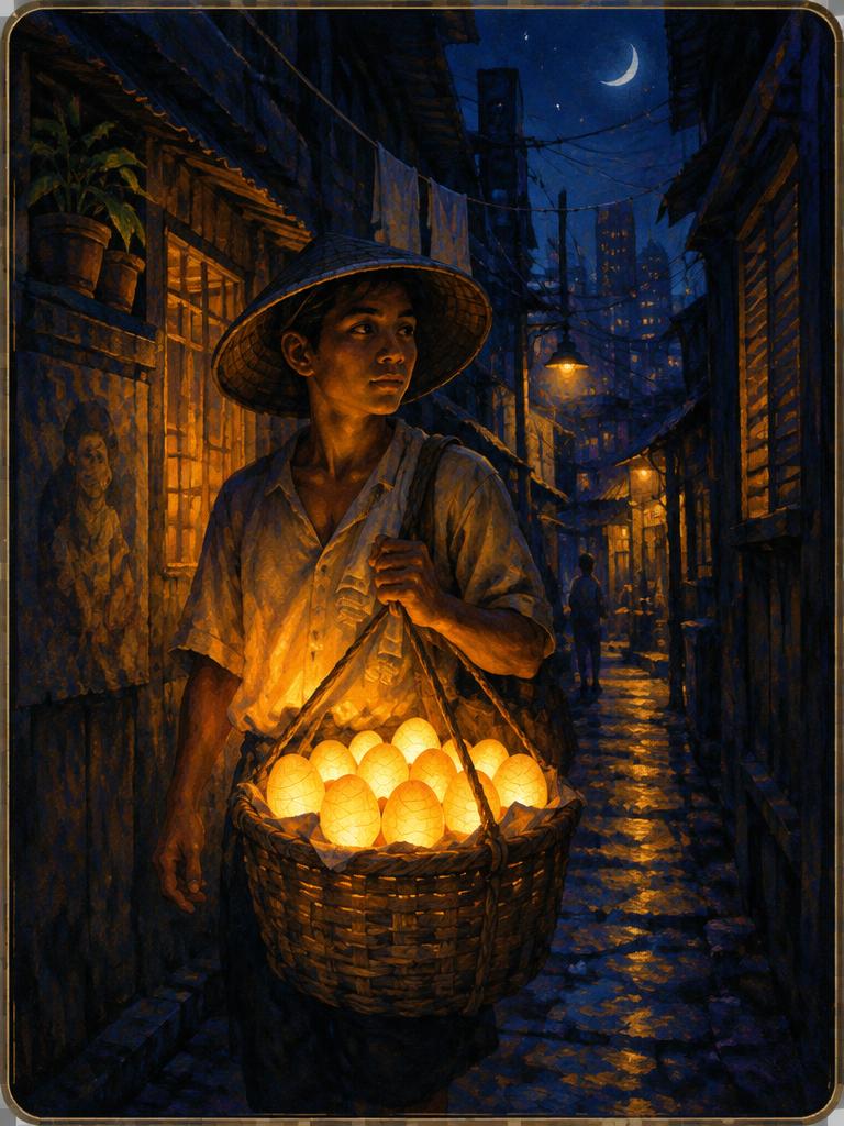 A vendor carrying a basket of glowing eggs