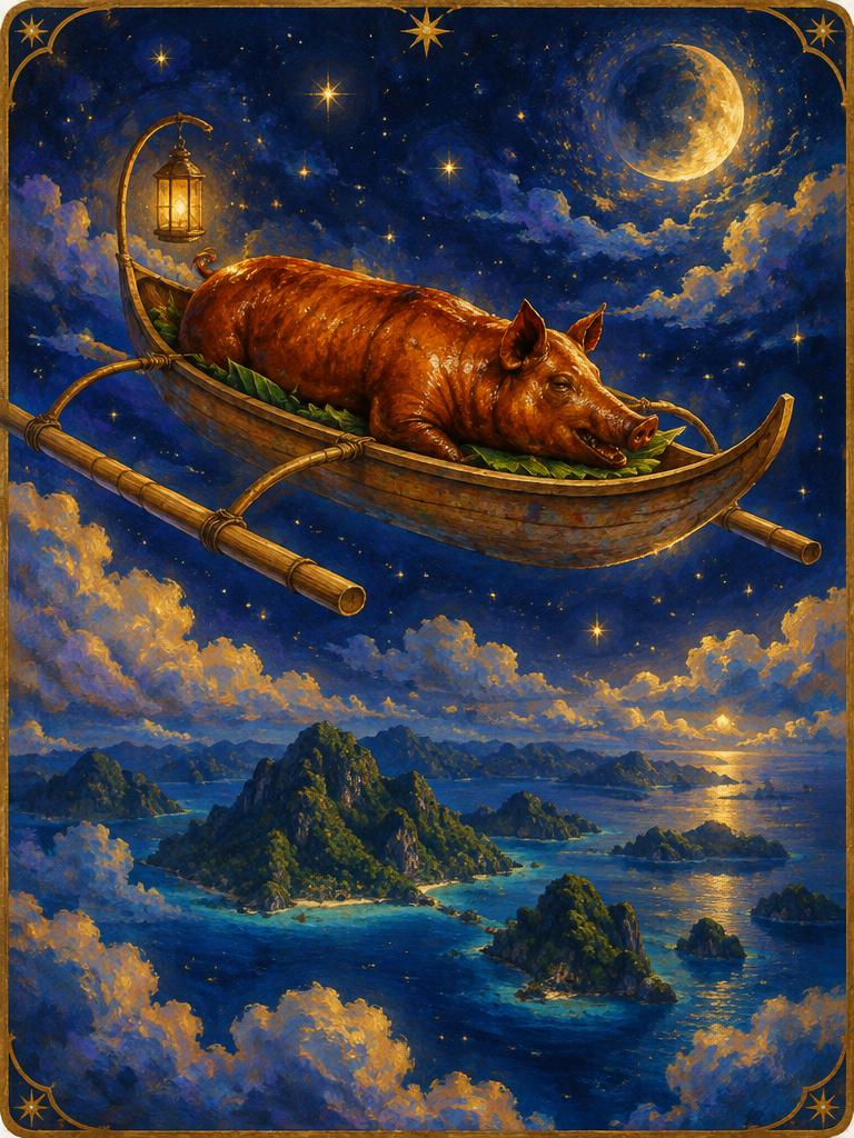 A roast lechon riding a banca through the stars