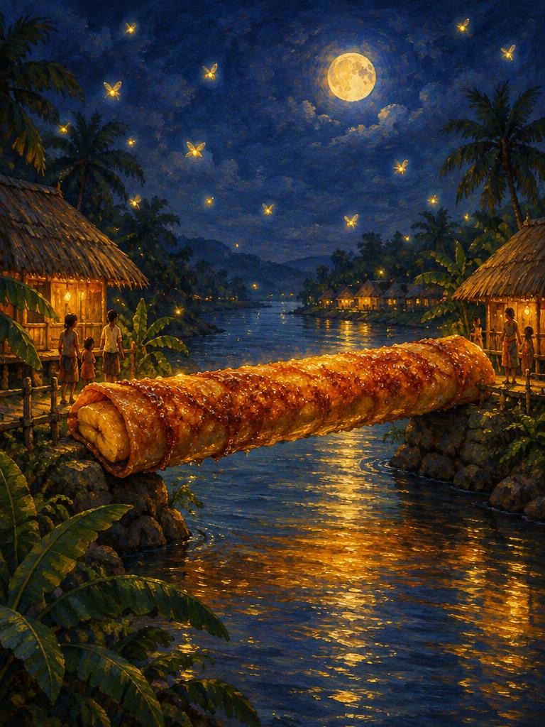 A giant turon bridging two river villages