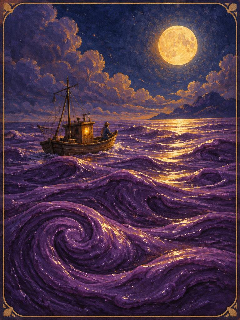 A fishing boat on a sea of swirling ube