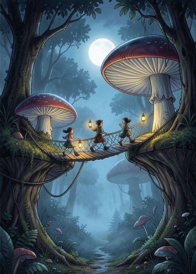 Travellers crossing a rope bridge between giant mushrooms