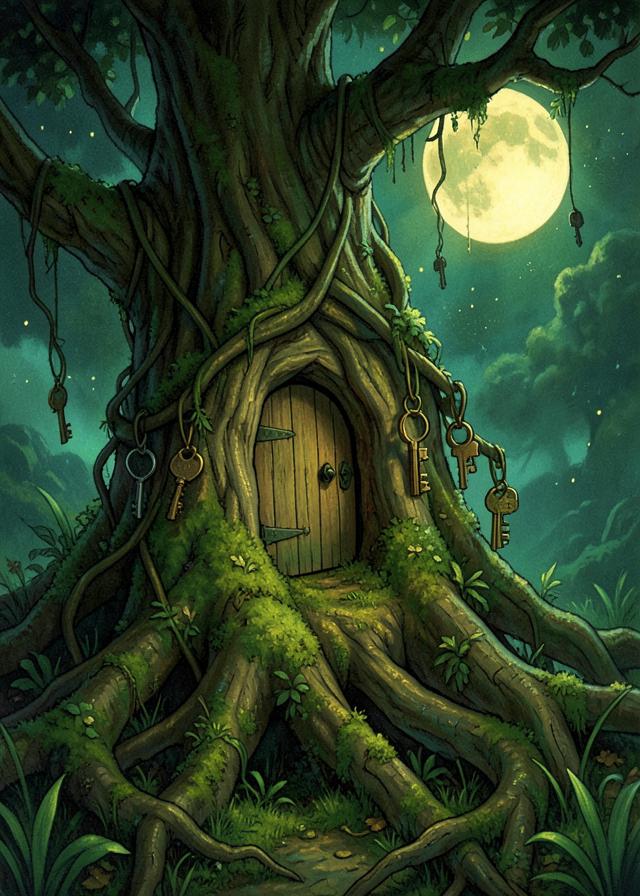 A small door in a tree root hung with old keys