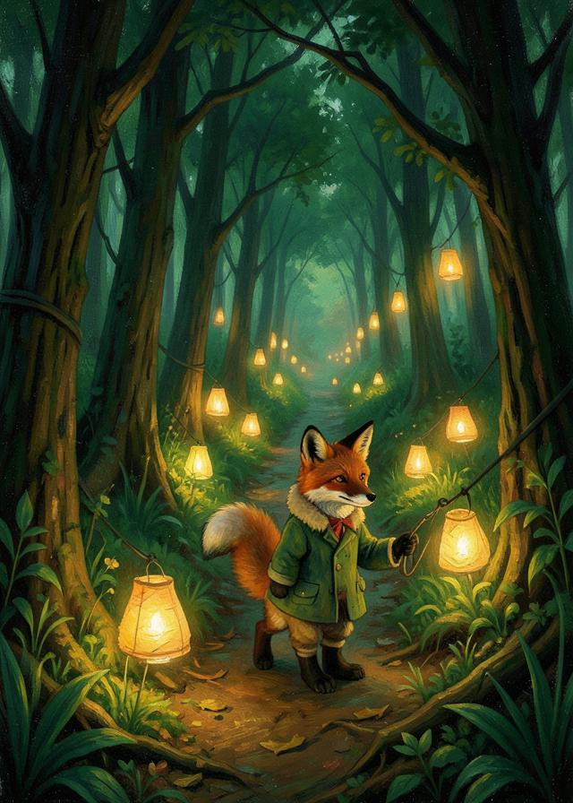A fox in a coat lighting lanterns along a forest path