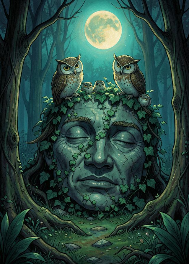 An ivy-covered stone face with owls perched on it