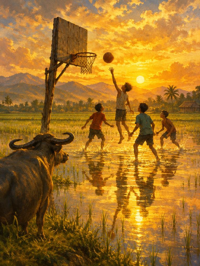Basketball in a flooded rice field