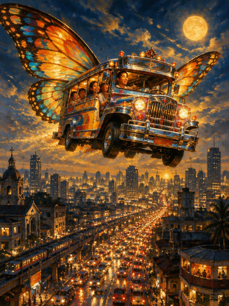 A winged jeepney above traffic