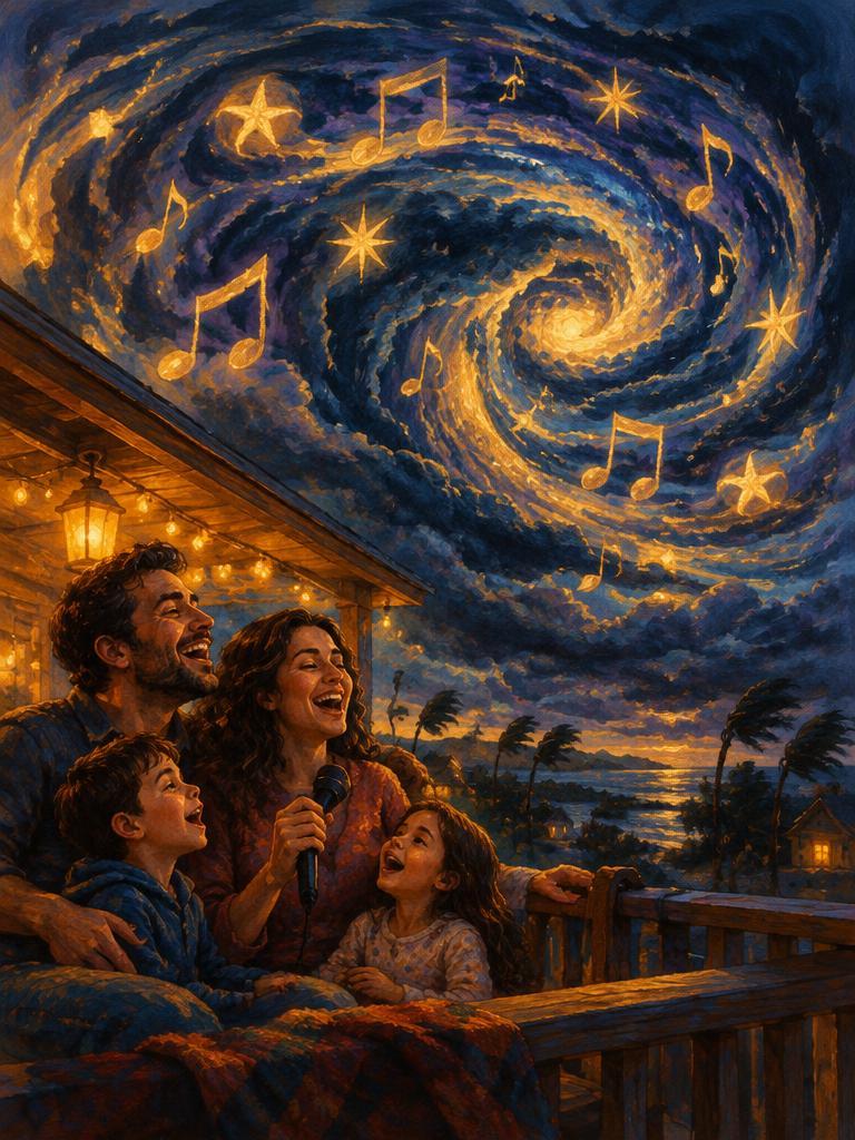 Karaoke under a storm of music notes