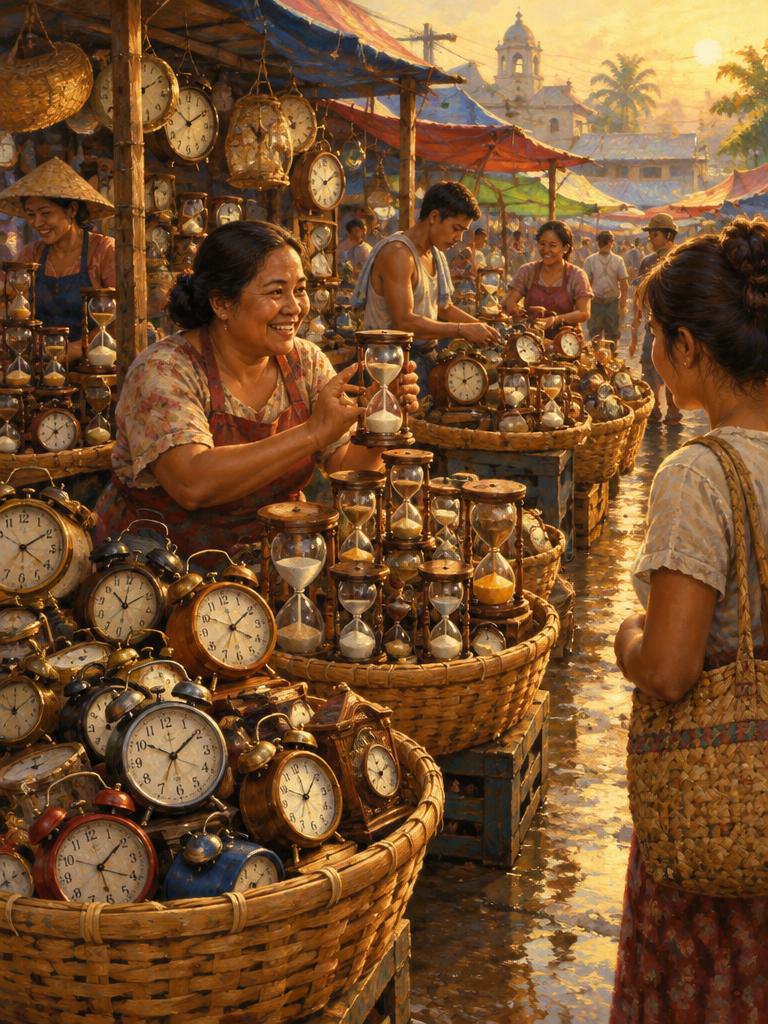 Vendors selling clocks and hourglasses
