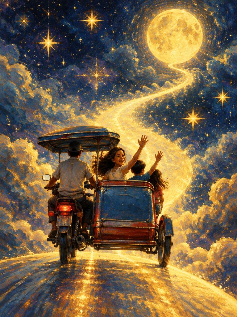 A tricycle driving into the stars