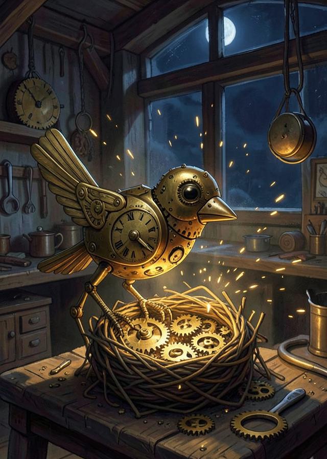 A clockwork bird sitting on a nest of gears